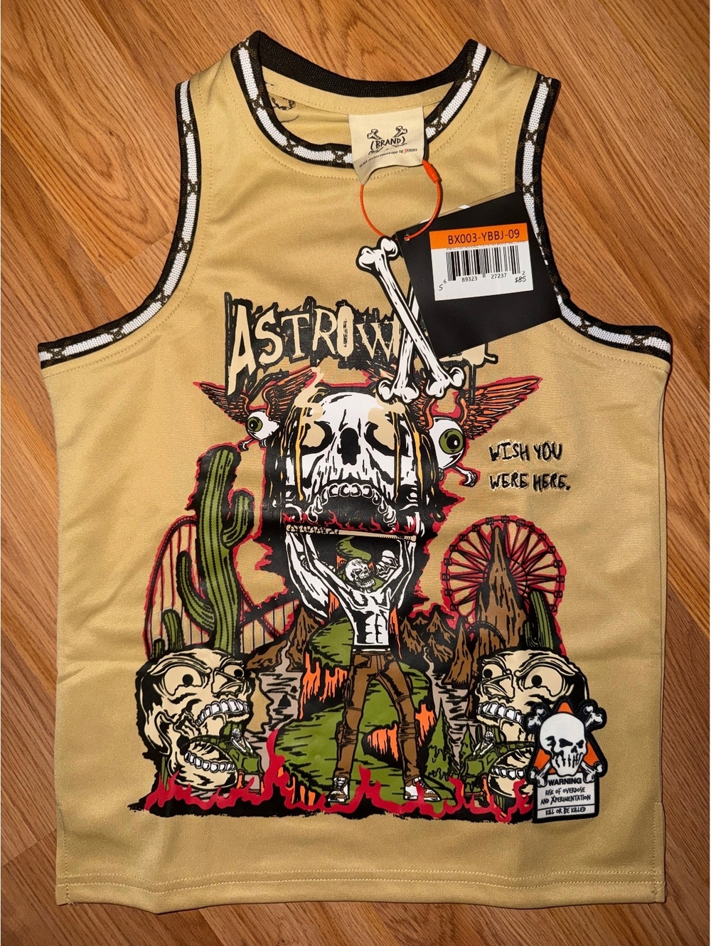 $85 (YOUTH S) CACTUS JACK ASTROWORLD “WISH YOU WERE HERE” BASKETBALL JERSEY